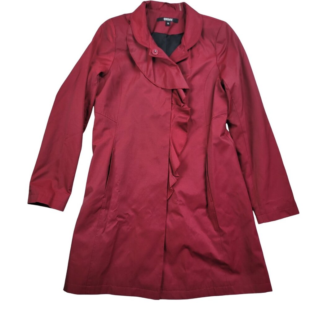DKNY Wool Blend Trench Coat Women's Medium Red Ruffle Waterproof NWT